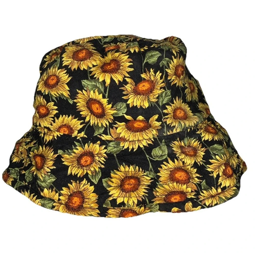 Dorfman Pacific Bucket Hat L/XL Black Yellow Sunflowers Sun Hippie Boho Vintage‎